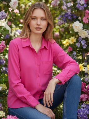 TYLER BOE Shirt Top Button Down Stretch Knit Pink Long Sleeve Medium